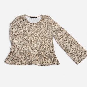 Zara Basic Polka Dot Peplum Top Neutral Cream Black Long Sleeve